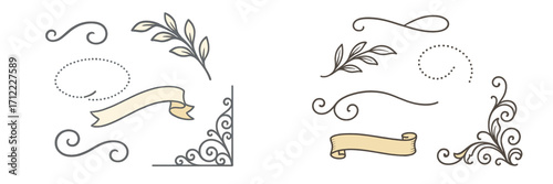 Elegant decorative design elements set featuring swirls, ribbons, leaves, and ornate corners for frames and borders