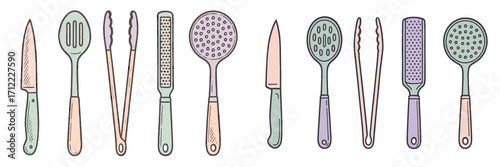 Vibrant collection of essential kitchen utensils including various knives, slotted spoons, tongs, and graters for diverse culinary tasks and food preparation