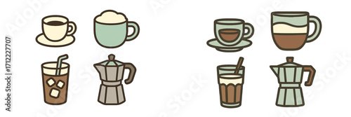 Assortment of coffee and espresso beverages in different cups, mugs, and traditional moka pots, including iced coffee and frothy lattes