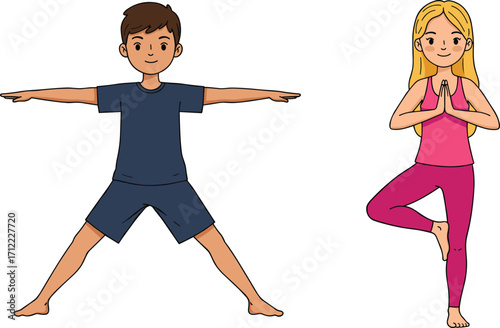 Kids doing yoga poses, healthy lifestyle, mindfulness for children, fitness activity, cartoon illustration, tree pose, warrior pose, vectors doing yoga poses, healthy lifestyle, mindfulness for