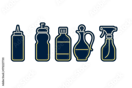 Outline icons of various liquid dispenser bottles, including squeeze, sports, kitchen, and spray types, for packaging and product design