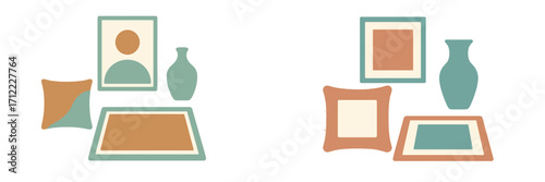 Abstract minimalist home decor elements set with frames, vases, cushions, and rugs in a contemporary style
