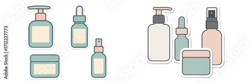Pastel colored cosmetic bottles, pump dispensers, dropper bottles, spray bottles, and cream jars for beauty and skincare products