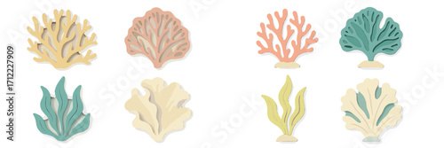 Diverse stylized coral reef plants and aquatic seaweed elements in pastel colors with subtle shadows for ocean themes