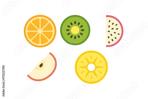 Assortment of colorful fruit slices including orange, kiwi, apple, pineapple, and dragon fruit on white background