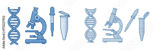 Essential scientific research tools including DNA helix, microscope, pipette, and test tube for biology and genetic studies
