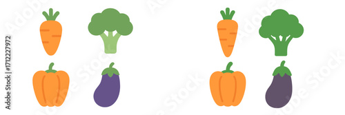 Collection of fresh healthy vegetables including carrots, broccoli, bell peppers, and eggplants in a simple icon style