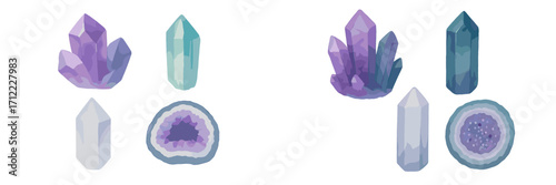 Vibrant watercolor collection of mystical crystals and geode formations with amethyst, quartz, and aquamarine hues