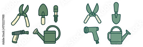 Assortment of essential gardening tools including pruning shears, trowel, cultivator, hose nozzle, and watering can for horticulture activities