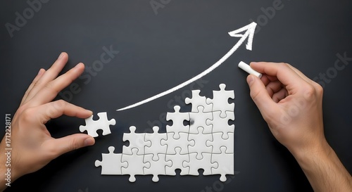 Hands assembling puzzle pieces into a bar graph with an arrow drawn above on a dark background