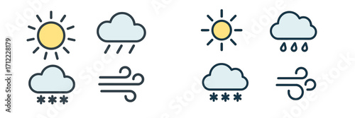 Set of minimalist weather forecast icons depicting various atmospheric conditions including sunny, rainy, snowy, and windy