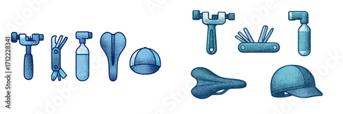 Assortment of cycling essentials including bike repair tools, ergonomic saddles, and stylish headwear for active riders