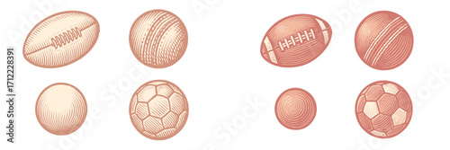 Detailed collection of classic sports balls in an engraved style, featuring American football, cricket, and soccer designs