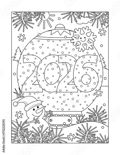 Year 2026 in snow globe coloring page, poster, sign or banner black and white activity sheet 
