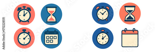 Collection of time management and scheduling icons featuring alarm clocks, hourglasses, stopwatches, and calendars