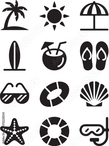 Fun beach vacation icons for summer travel and leisure