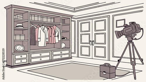 Filming a Fashion Closet Video Production Set Interior Design Illustration Wardrobe Clothes Camera Tripod Drawers Shelves Style Luxury Home Decor Elegant Room Apparel Garment Fash.