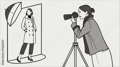 Fashion Photography Studio Illustration Photographer Shooting Model in Coat.