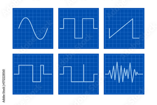 Diverse electrical signal waveforms and sound wave patterns on blue grid screens for scientific data analysis