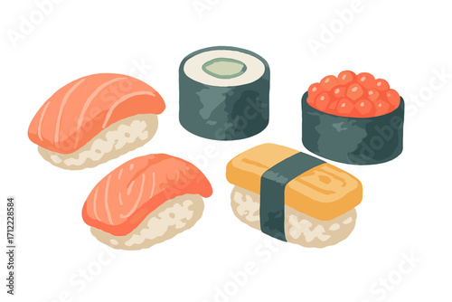 Assortment of traditional Japanese sushi, including nigiri, maki, and gunkan rolls with fresh seafood and rice