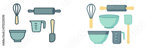 Essential kitchen baking tools and utensils set with whisk, rolling pin, measuring cup, spatula, and mixing bowls