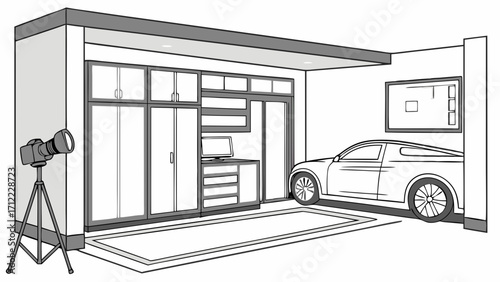 Garage interior design modern car storage home workshop organized space vehicle in garage cabinets storage solutions workspace home improvement automotive design blueprint illustration.
