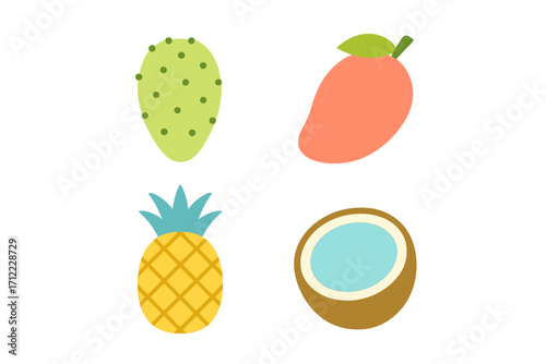 Vibrant selection of fresh tropical and exotic fruits in a clean graphic style featuring pineapple mango coconut and prickly pear