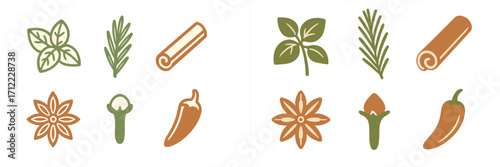 Assortment of fresh and dried culinary ingredients including basil, rosemary, cinnamon, star anise, clove, and chili pepper