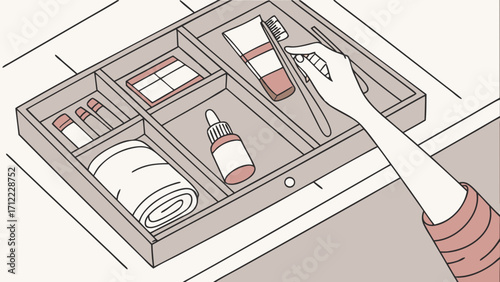 Hand reaching for items in an organized drawer with beauty and hygiene products.