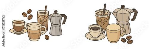 Assortment of coffee drinks, hot and cold beverages, Moka pot, and roasted coffee beans on a white background