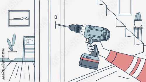 Hand using cordless drill to screw into wall home improvement DIY project interior design illustration.