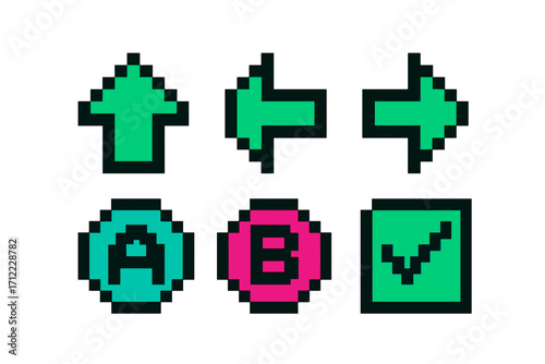 Retro pixel art game interface elements with directional arrows, A and B buttons, and a green checkmark