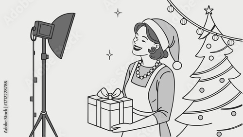 Happy woman holding a Christmas gift in a photo studio setting.