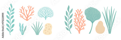 Stylized marine flora collection featuring various underwater plants, seaweed, and coral shapes in soft pastel colors