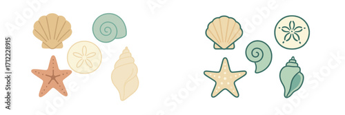 Assortment of marine life elements including seashells, sand dollar, and starfish in two distinct graphic styles