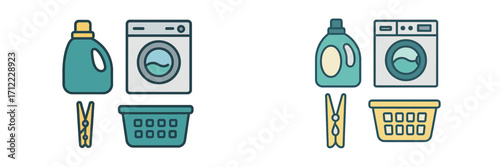 Household laundry items set with washing machine, detergent bottle, clothes basket, and clothespin