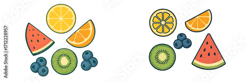 Colorful assortment of fresh summer fruits including watermelon, lemon, orange, kiwi, and blueberries, healthy eating concept