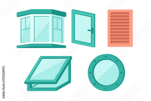 Diverse collection of window types including bay, open, skylight, porthole, and louvered shutter designs