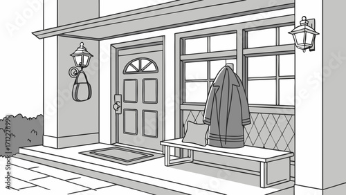 House Entrance Front Porch Home Exterior Coat Bench Door Doormat Outdoor Lighting Illustration Home Design Residential Grey Scale Sketch Drawing Architecture House Decor Entryway.