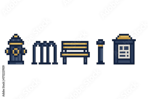 Collection of pixel art urban park elements featuring a fire hydrant, bench, bike rack, bollard, and trash can for game design