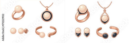 Elegant rose gold jewelry set with pearls and black accents, including rings, necklaces, earrings, and bracelets