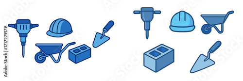 Essential construction tools and building materials including jackhammer, hard hat, wheelbarrow, concrete block, and trowel