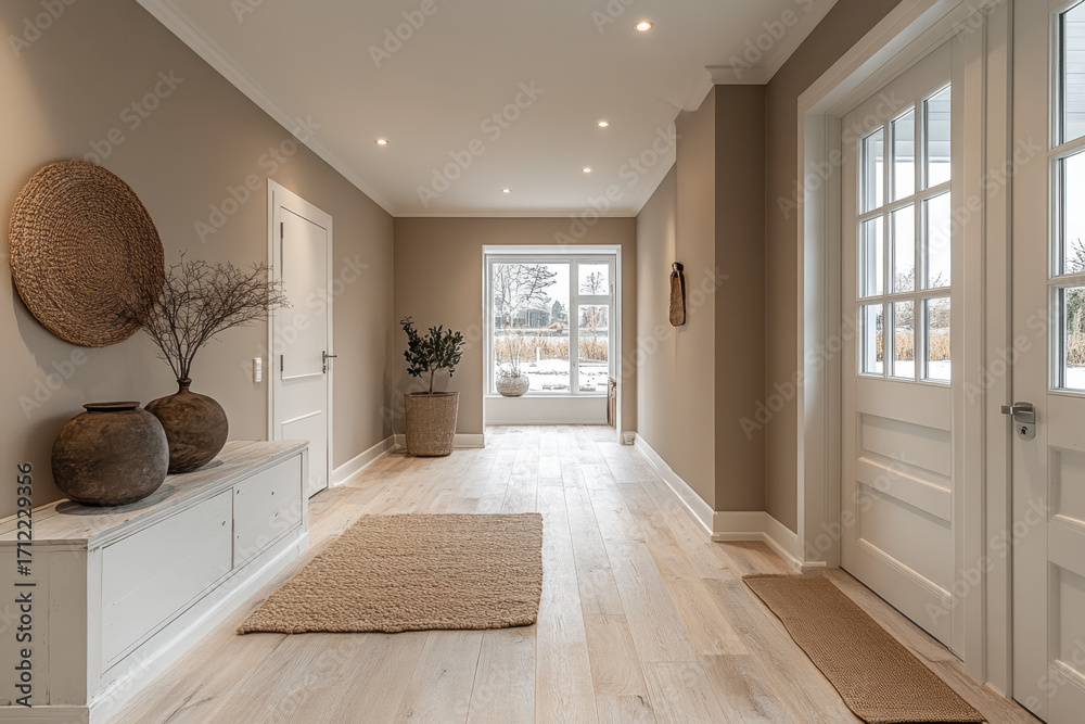 Obraz premium Large window in hallway with wooden floor.
