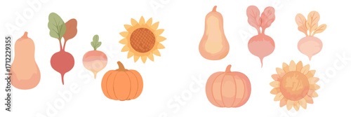 Autumn harvest produce and floral elements with soft color palette for Thanksgiving and seasonal festivals
