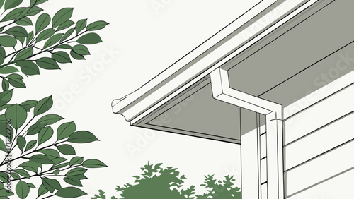 Illustration of house exterior detail gutter siding and foliage.