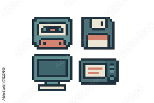 Pixel art icons of vintage computer peripherals and common household objects