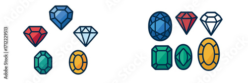 Collection of colorful faceted gemstones and precious jewels in various shapes and cuts, including brilliant, oval, emerald, and marquise