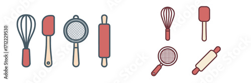 Essential kitchen baking tools collection with whisk, spatula, sieve, and rolling pin for culinary tasks