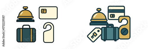 Essential hotel and travel service icons including reception bell, room key card, luggage, and do not disturb sign