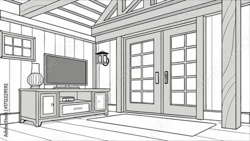 Interior Design Sketch Modern Living Room with French Doors and Media Console.